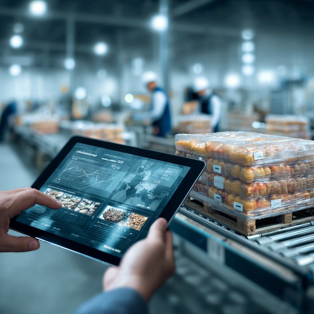 Digital agro-food supply chain management showing warehouse logistics, QR code scanning and real-time product traceability dashboard.