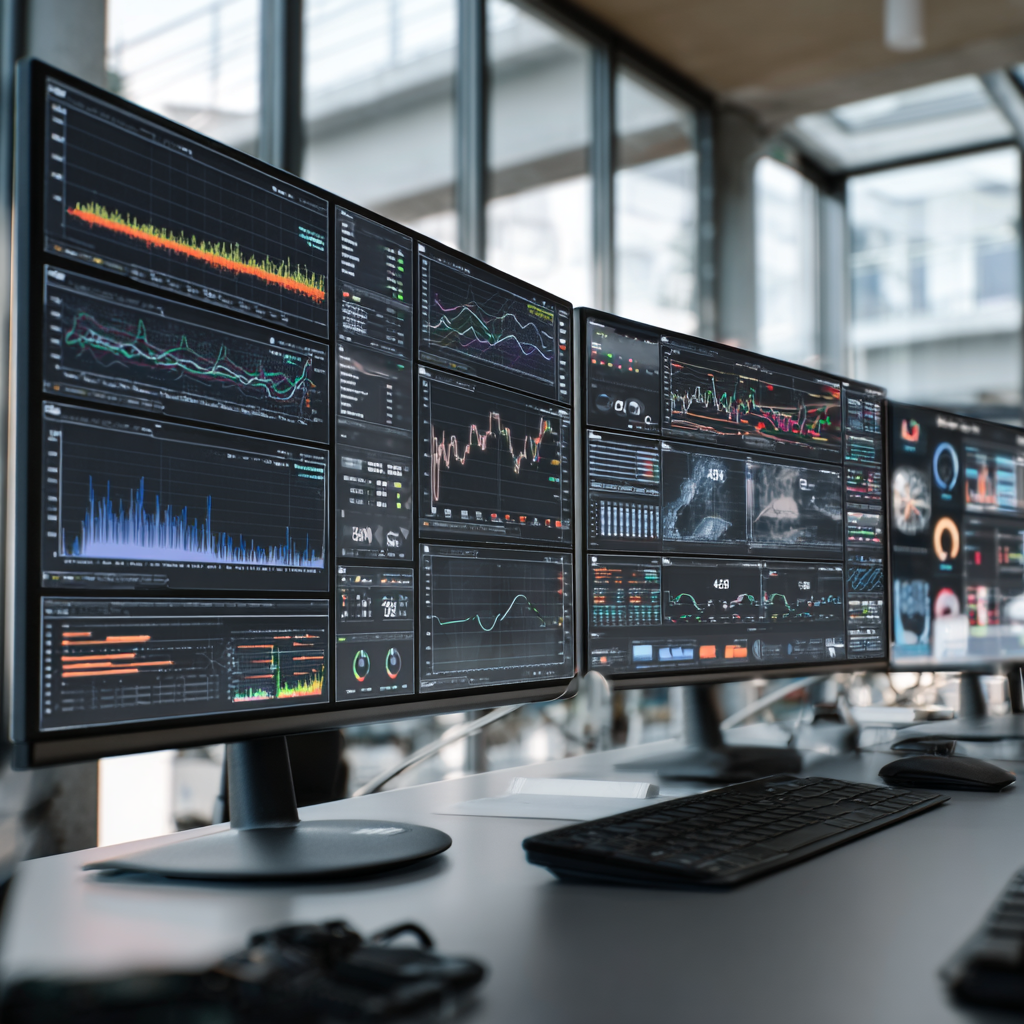 Business analyst monitoring enterprise database performance dashboard with real-time analytics and optimization metrics.