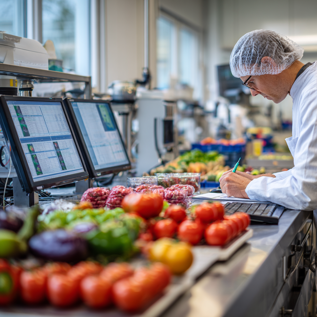 Food quality control laboratory in the agro-food industry with technician analyzing samples and digital compliance monitoring systems.