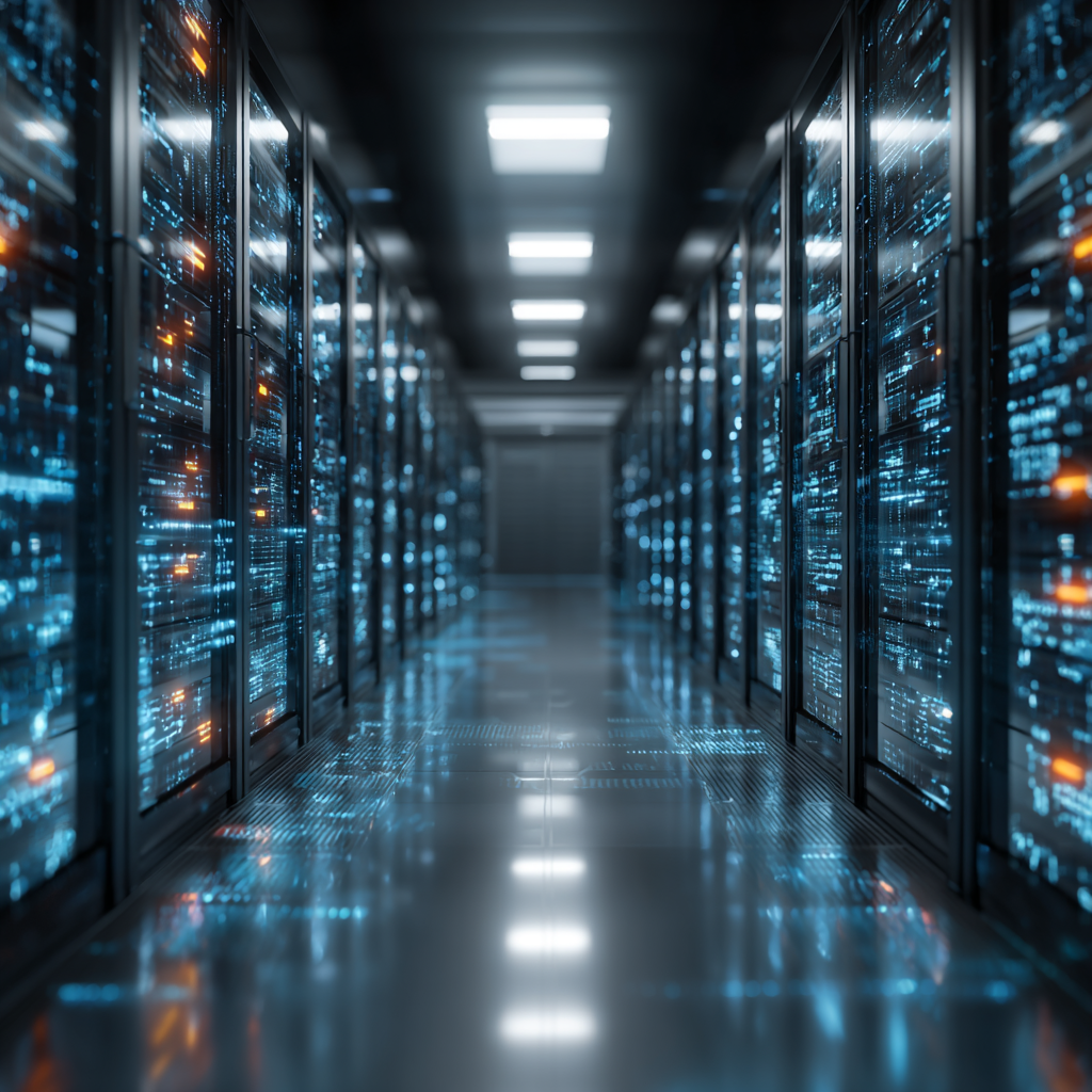 High-performance enterprise database infrastructure with secure data servers and cloud-connected architecture in a modern data center.