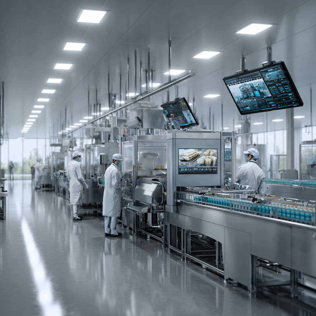 Modern agro-food production facility with automated processing lines, stainless steel equipment and digital monitoring systems ensuring food safety and efficiency.