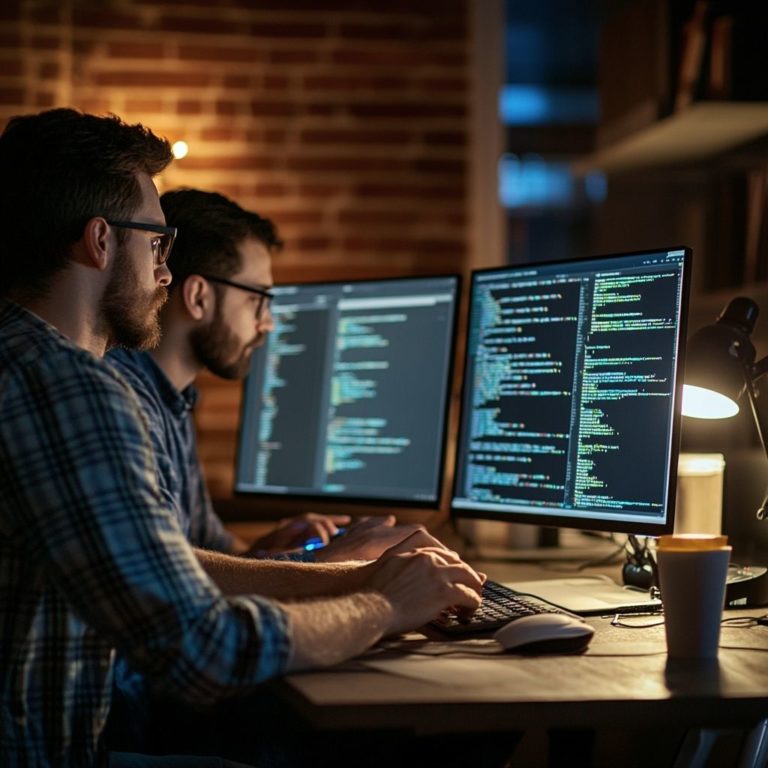Two software engineers working on multiple screens displaying code in a modern development environment, focused on building secure and high-performance digital systems.